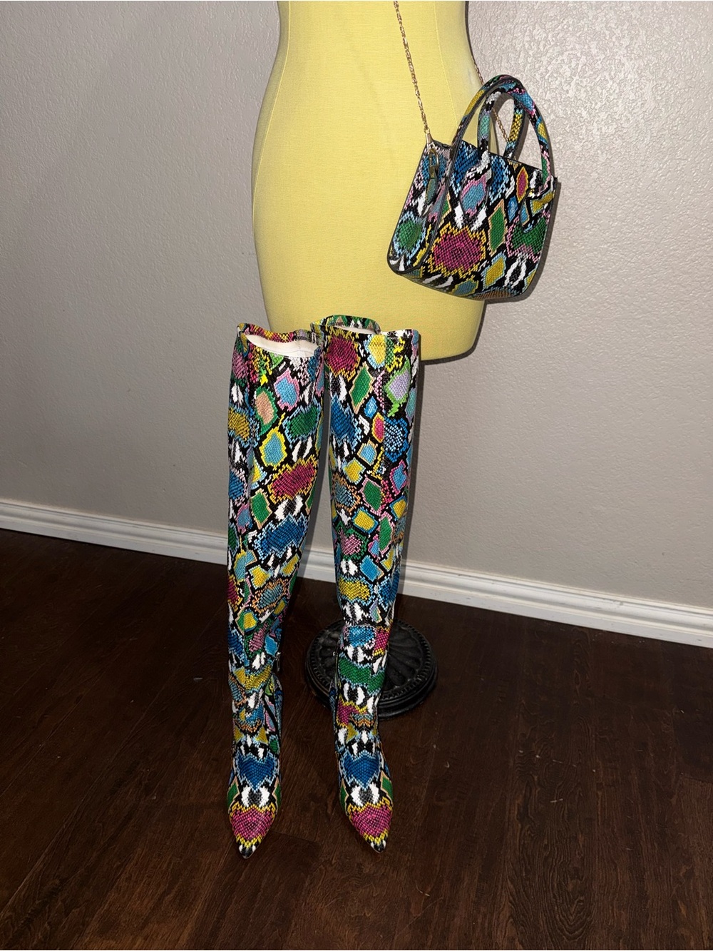 Steve Madden Multicolor Snakeskin-Print Over the Knee Boots and Matching Bag